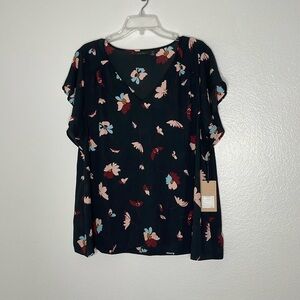 Halogen Black V Neck Short Flutter Sleeve Floral Print Blouse Size XXL New